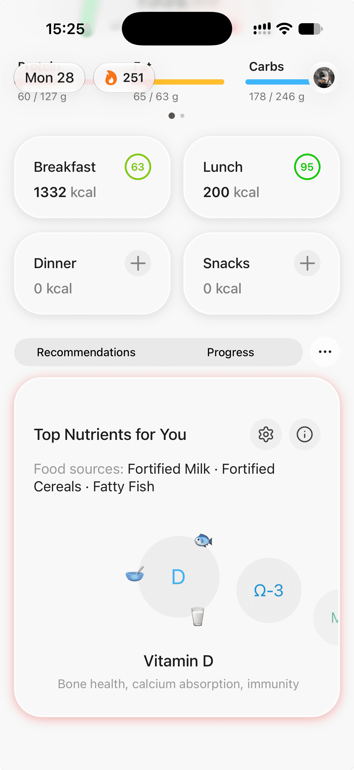 Food Focus Top Nutrients for You card highlighting Vitamin D and suggesting foods such as fortified milk, fortified cereals, and fatty fish