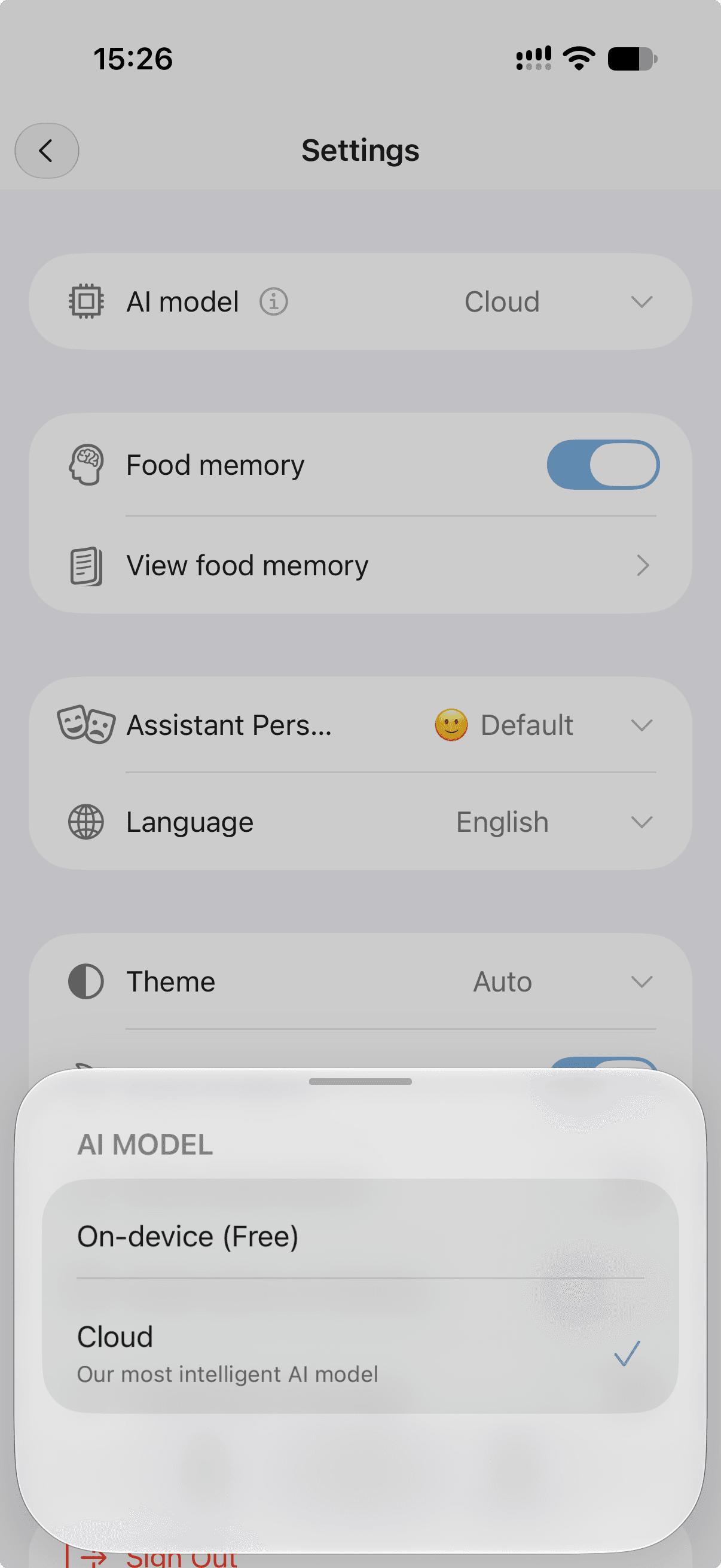 Food Focus Settings AI model menu showing On-device (Free) above Cloud, with Cloud currently selected