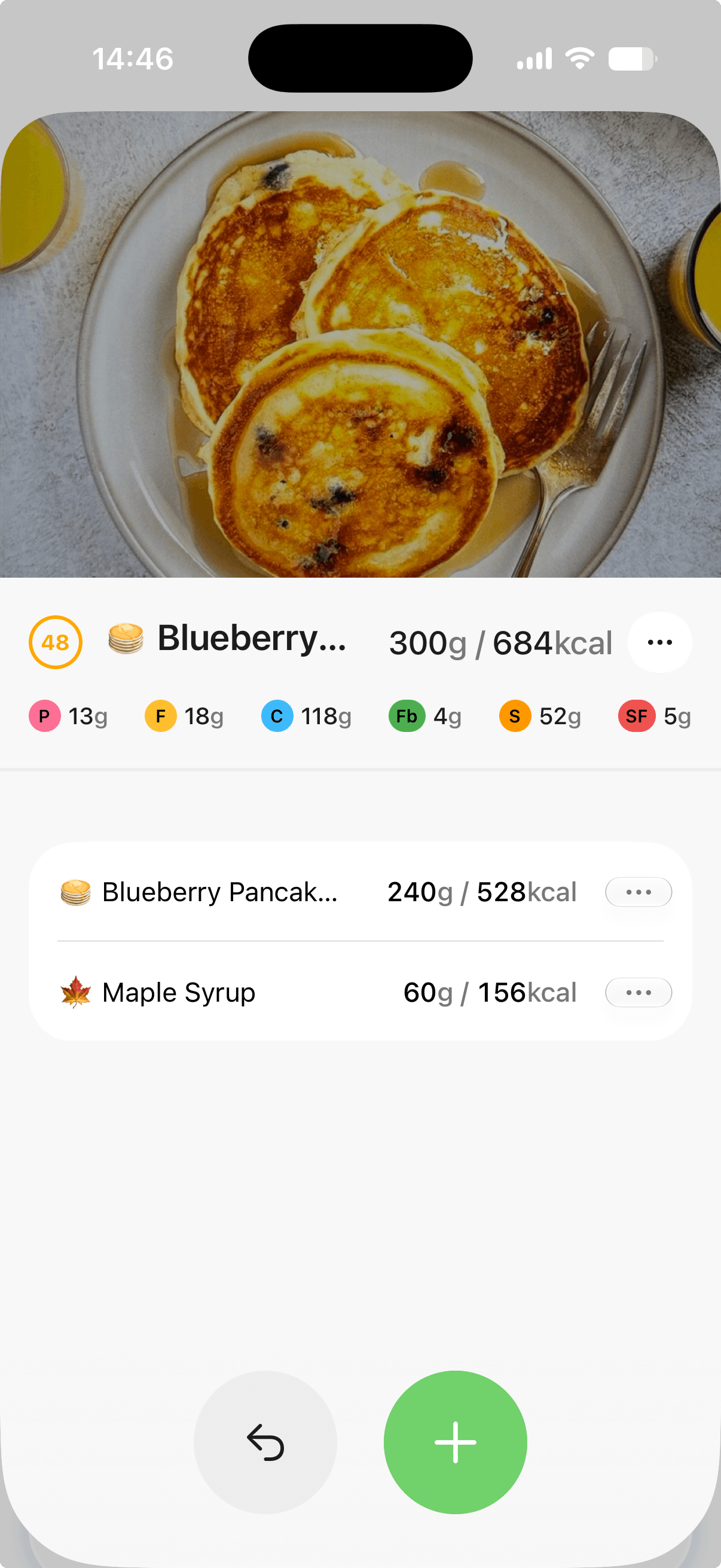 Food Focus meal result showing blueberry pancakes and maple syrup as separate foods with estimated grams, calories, and nutrients