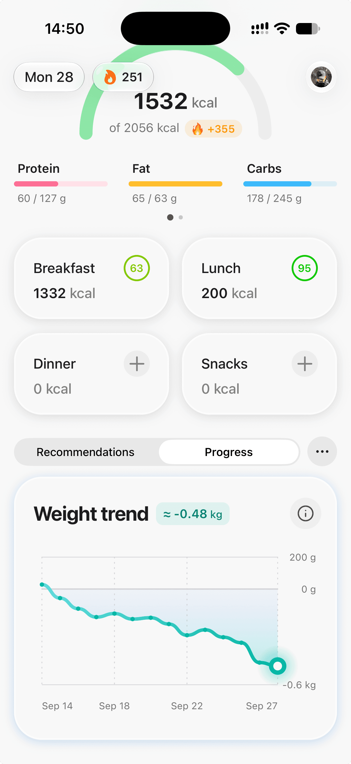 Food Focus home screen with meal cards, daily calories and macros, a 251-day logging streak, and an estimated weight trend